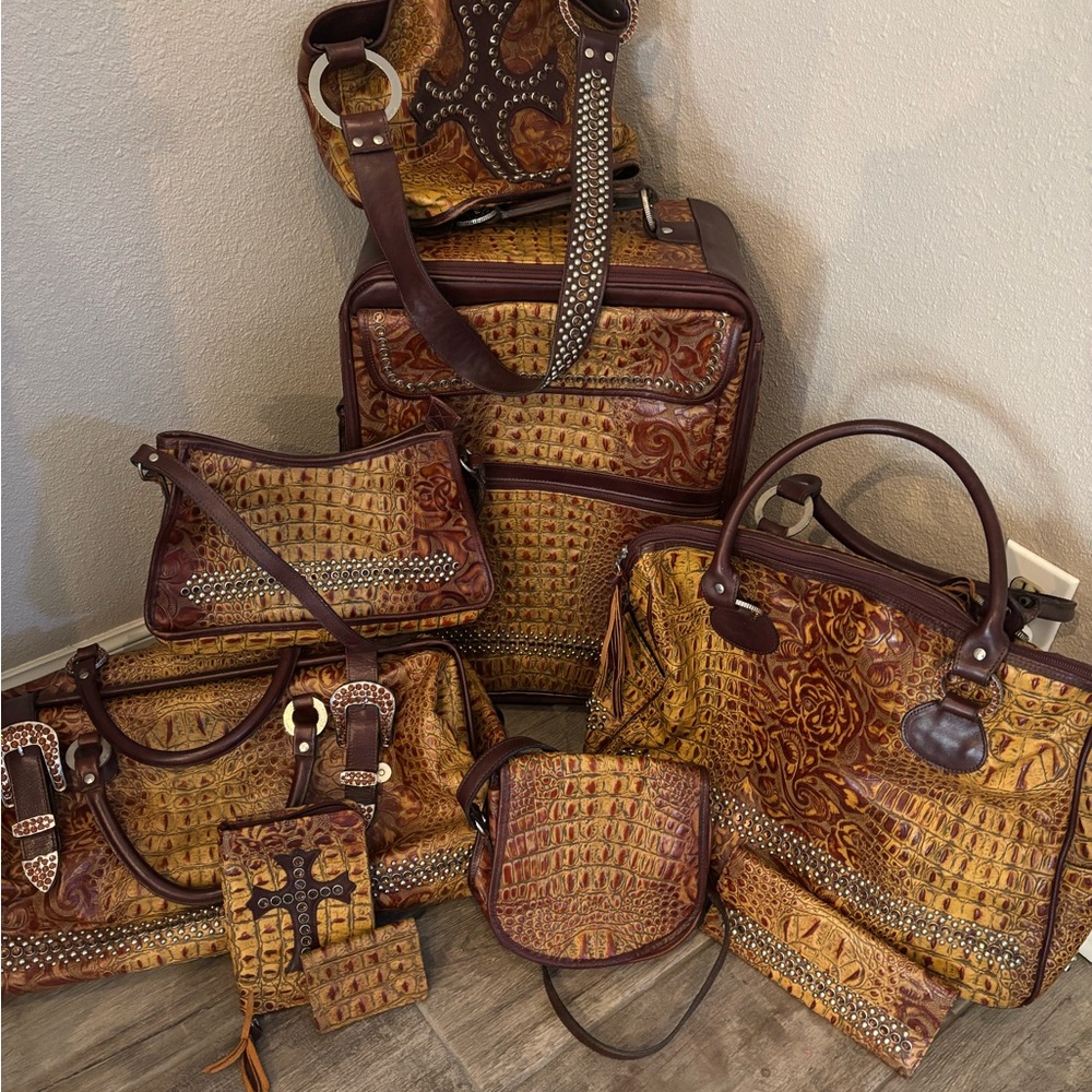 Raviani Brown and Tan Embossed Leather Travel Bag Set